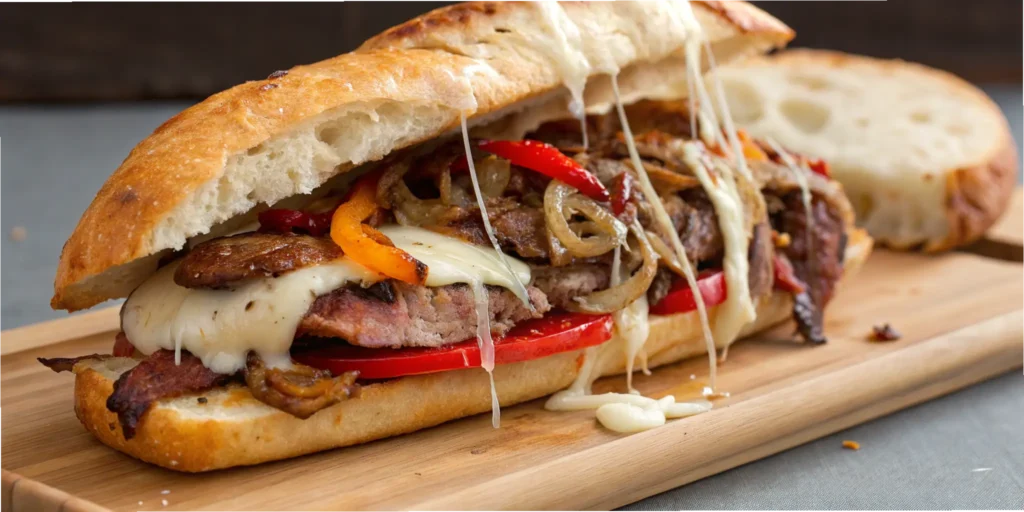Gourmet Philly cheesesteak with stretchy mozzarella cheese and roasted peppers
