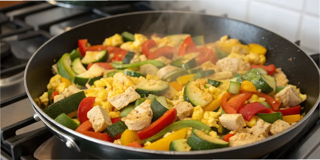 Chicken and egg recipe veggie scramble in a skillet