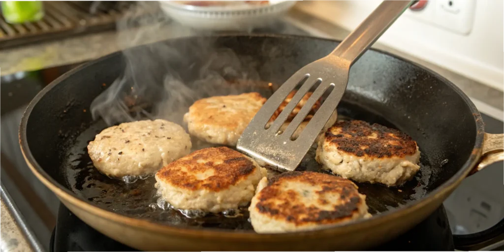 Cooking chicken breakfast sausage recipe patties in a skillet to golden brown