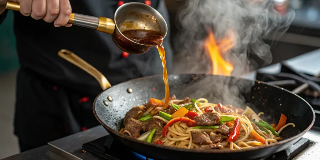 Stir-frying Mongolian noodles with beef in a wok
