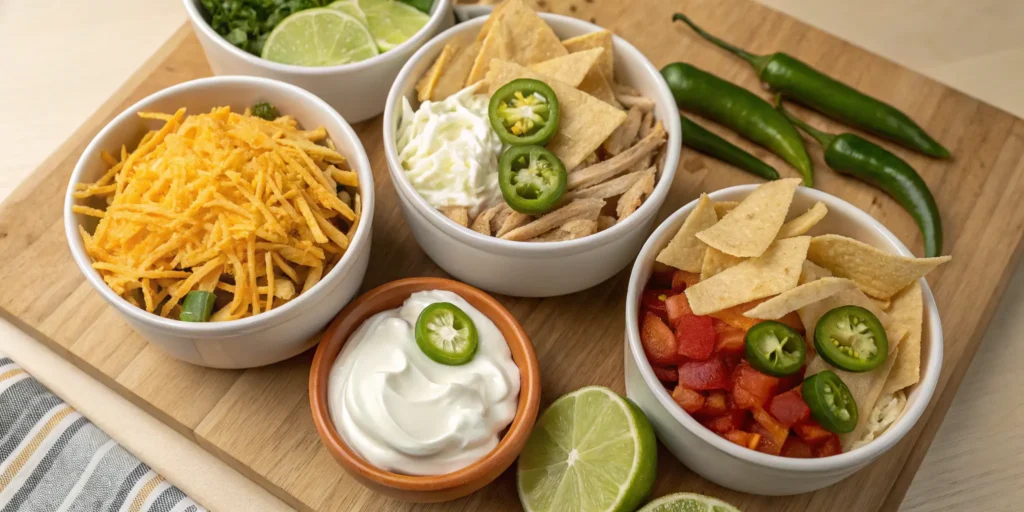 Toppings for creamy chicken tortilla soup in bowls