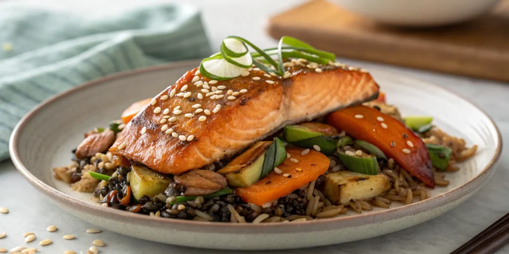 Salmon glaze dinner served with vegetables and rice