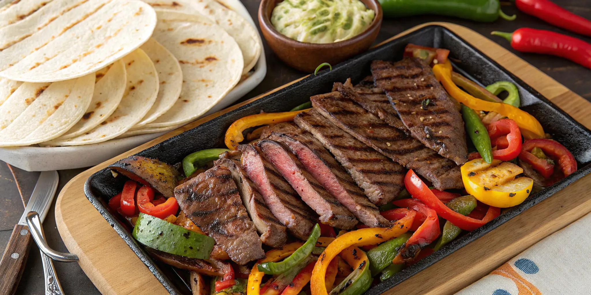 Trio of best steak for fajitas cuts served with grilled vegetables and tortillas