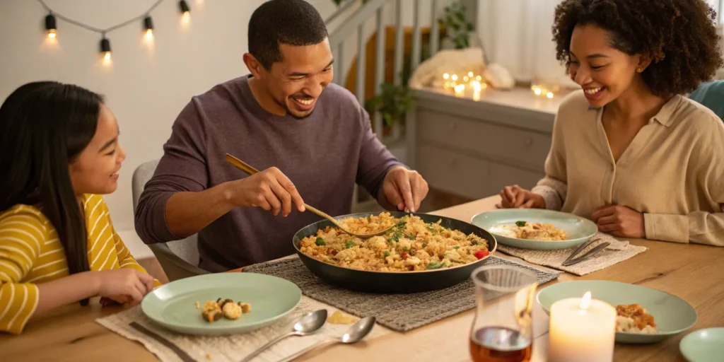 Family enjoying easy chicken fried rice at dinner table