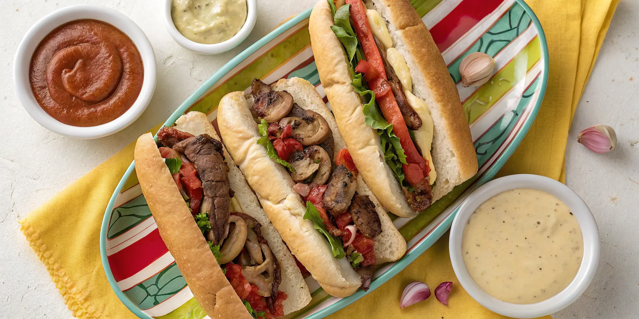 Variety platter of steak subs including classic, spicy chipotle, and garlic butter mushroom with dipping sauces - Steak Sub