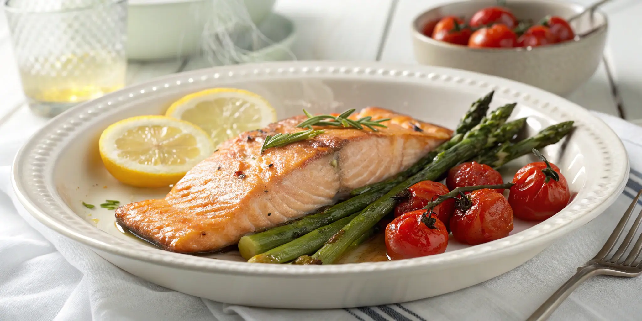 Oven baked salmon plated with roasted vegetables and lemon wedges