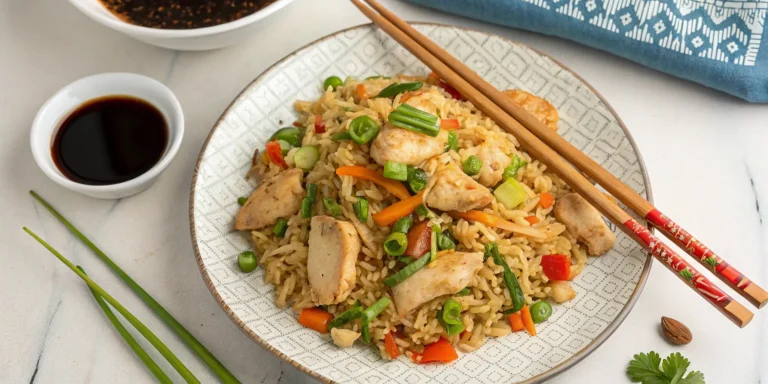 Overhead view of Chinese fried rice with chicken and vegetables served with chopsticks and soy sauce