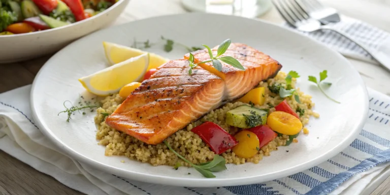 Plated maple glazed salmon served with quinoa and sautéed vegetables