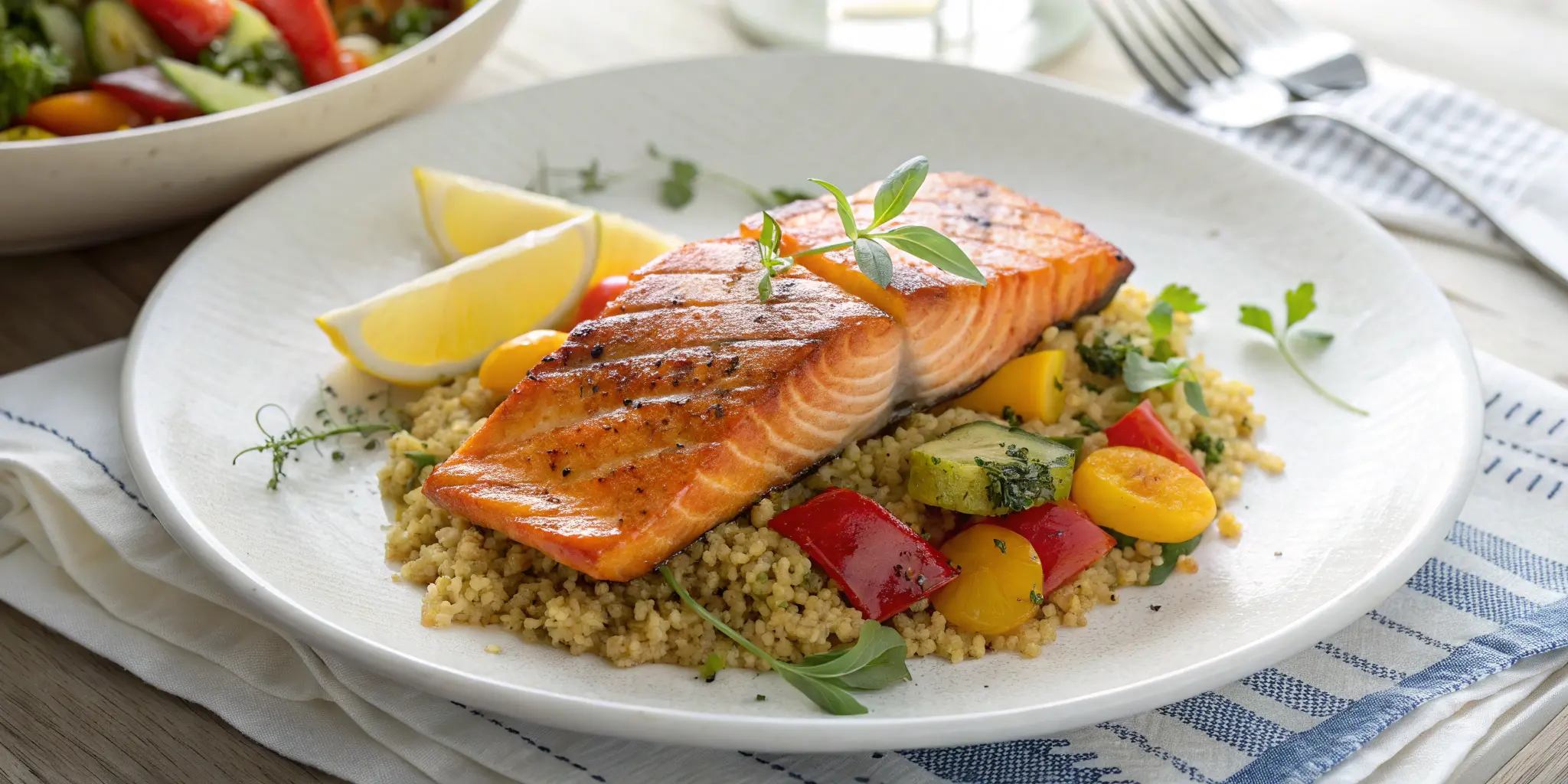 Plated maple glazed salmon served with quinoa and sautéed vegetables