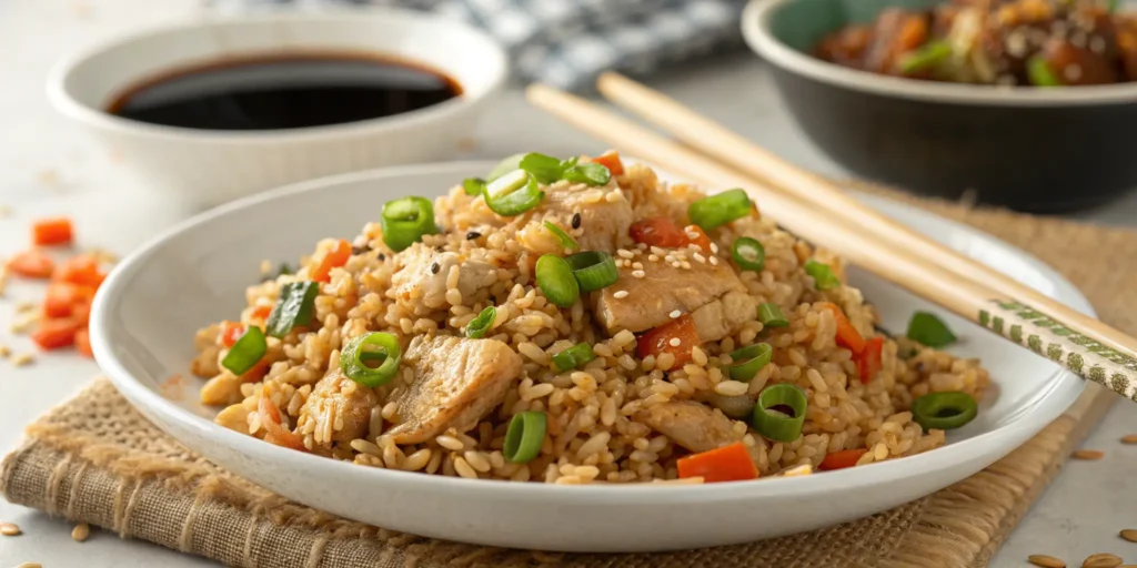 Garnished chicken fried rice recipe easy plated with green onions and sesame seeds