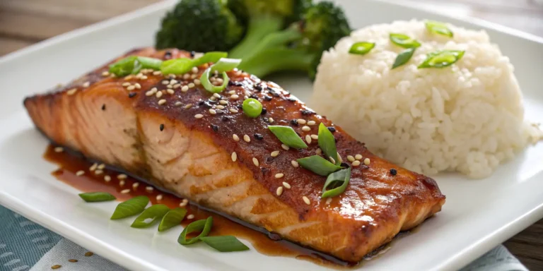 Teriyaki glazed salmon fillet garnished with sesame seeds and green onions on a plate with jasmine rice and broccoli