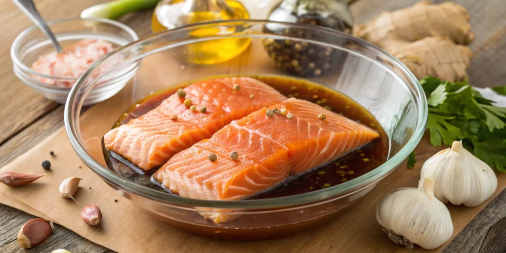 Fresh salmon fillets marinating in homemade teriyaki sauce with garlic and ginger