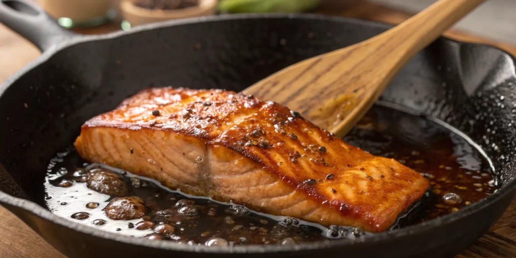 Pan-seared teriyaki glazed salmon cooking and caramelizing in a cast iron skillet