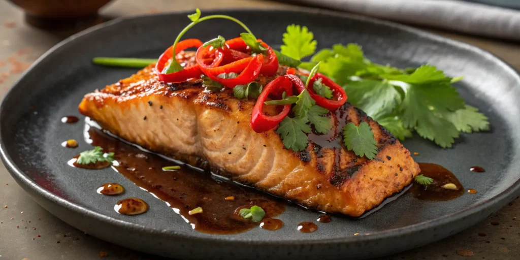 Plated teriyaki glazed salmon garnished with chili and cilantro on a dark plate