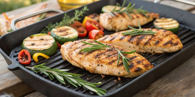 Juicy golden brown Blackstone chicken breasts grilling on a Blackstone griddle with fresh herbs and vegetables