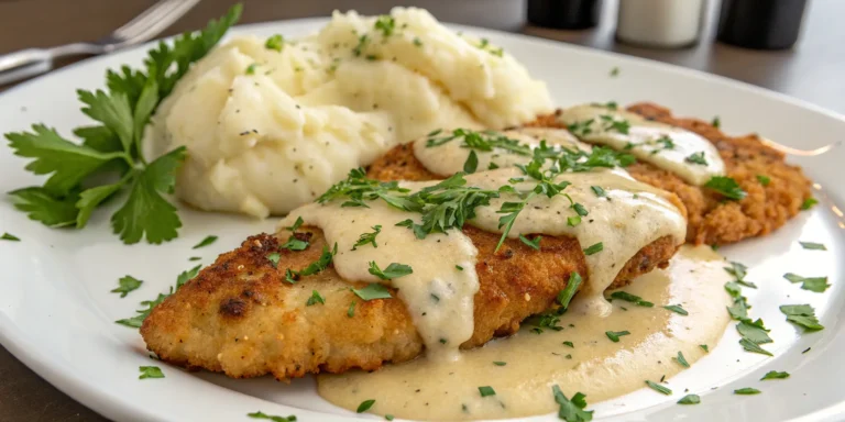 LongHorn Parmesan Chicken recipe plated with creamy garlic-Parmesan sauce and mashed potatoes