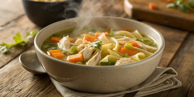 Classic chicken noodle soup recipe served in a rustic bowl with fresh herbs - chicken noodle soup recipe