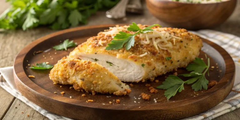 Crispy baked chicken in parmesan served with fresh parsley - chicken in parmesan