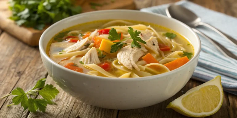 Bowl of best chicken noodle soup with shredded chicken, vegetables, noodles, and fresh herbs