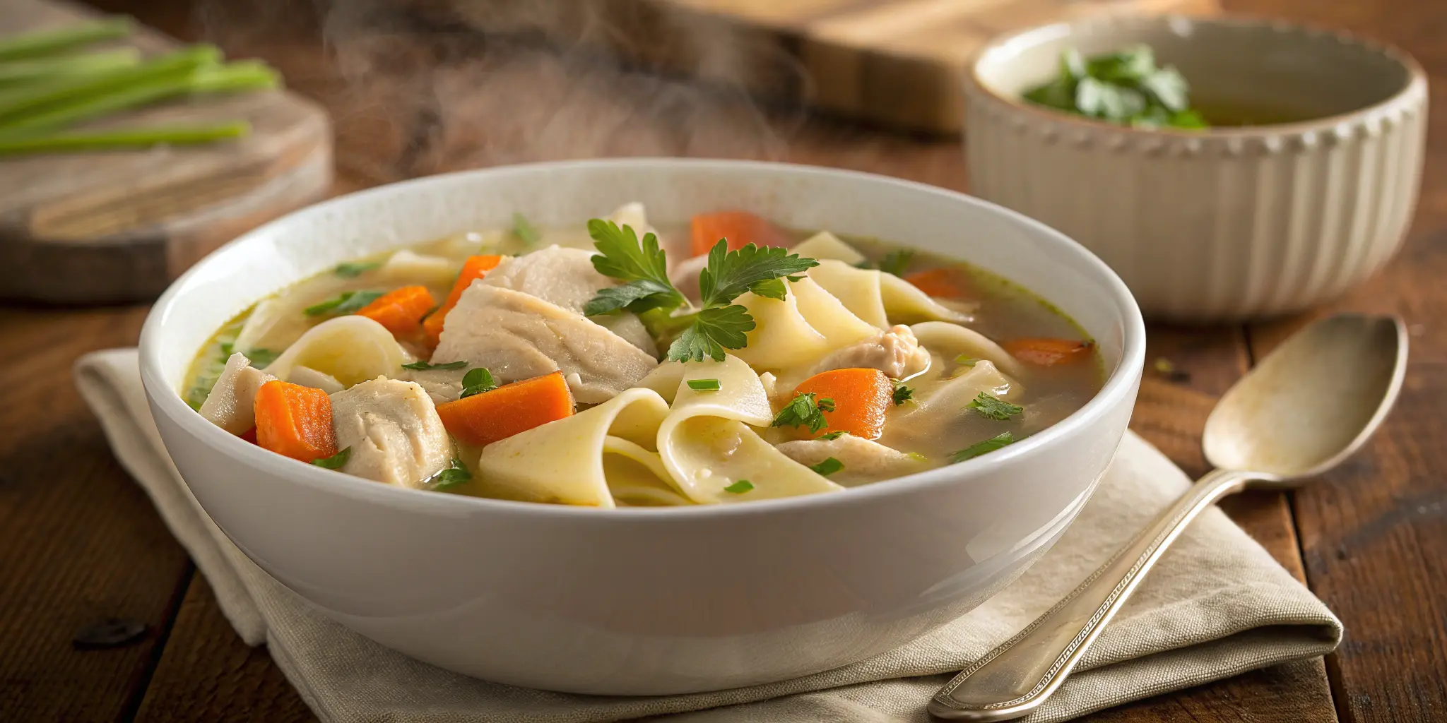 Best homemade chicken noodle soup recipe with noodles, chicken, and vegetables in a rustic bowl