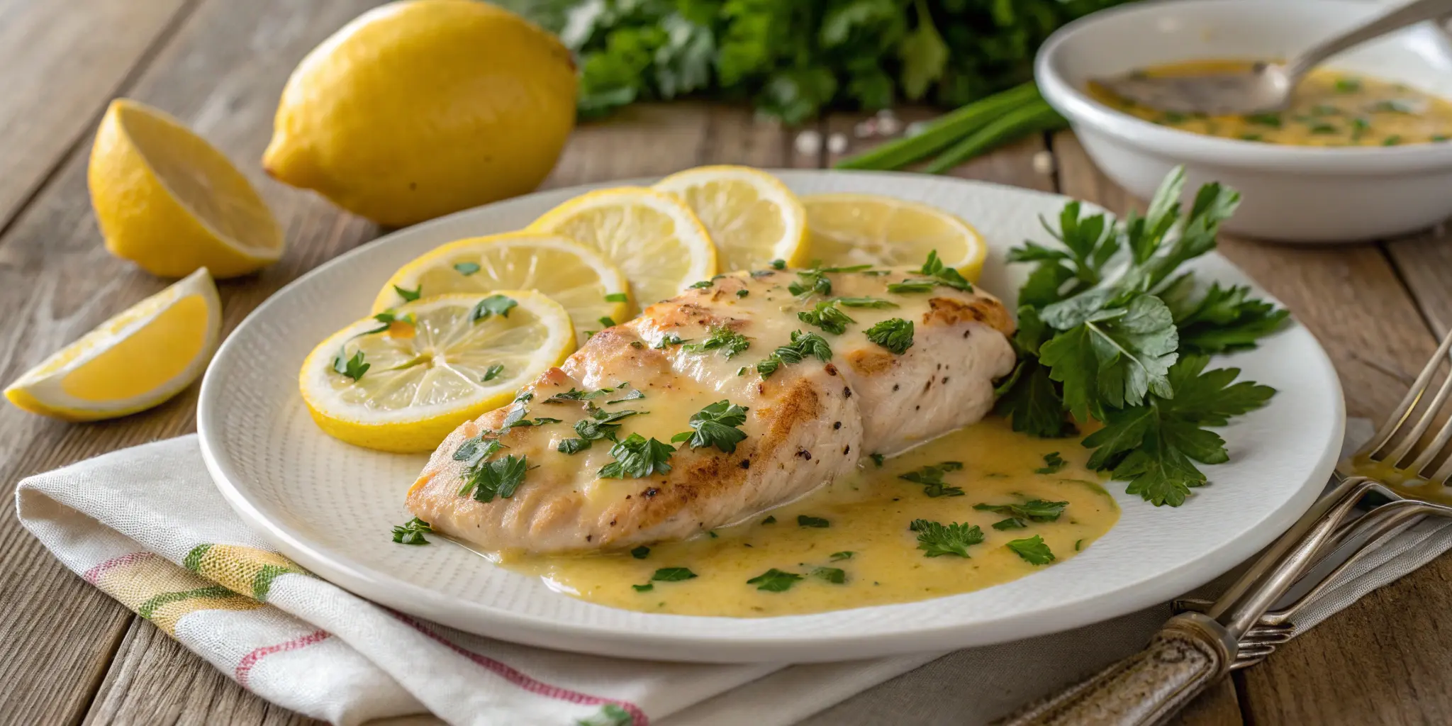 Creamy lemon chicken breast with lemon wedges and parsley on a plate.