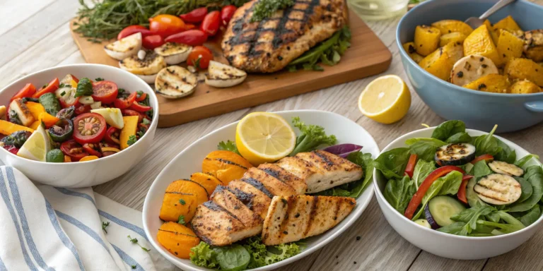 Healthy chicken dinner recipes featuring grilled lemon garlic chicken with roasted vegetables and fresh salads