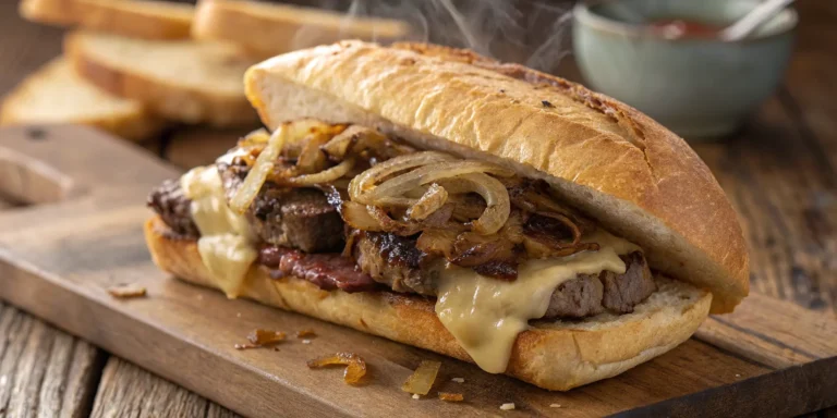 Juicy ribeye steak sandwich recipe with melted cheese and caramelized onions