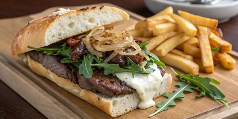 Steak sandwich with creamy garlic aioli, caramelized onions, and arugula on toasted baguette - Steak Sandwich Sauce