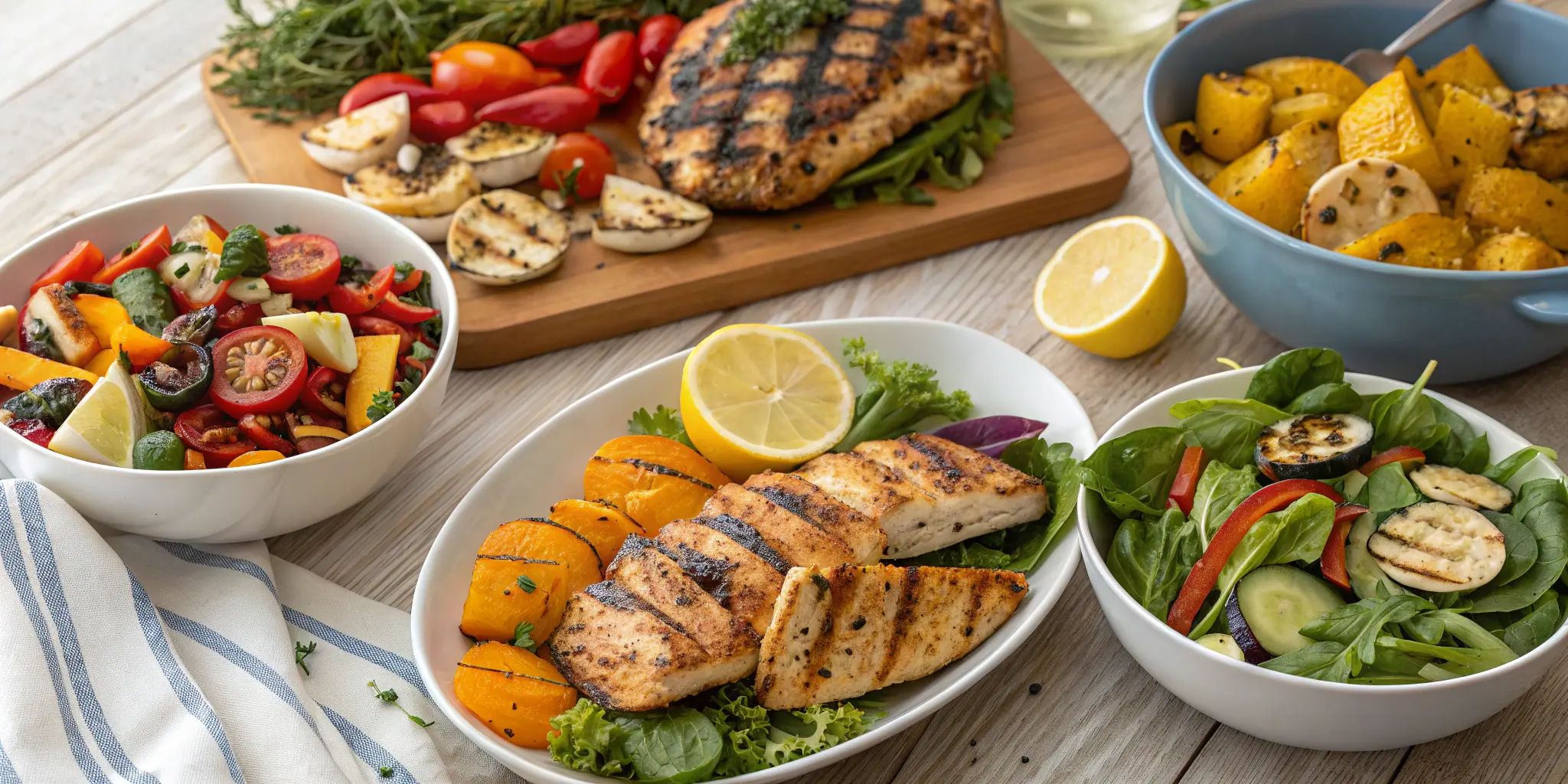 Healthy chicken dinner recipes featuring grilled lemon garlic chicken with roasted vegetables and fresh salads