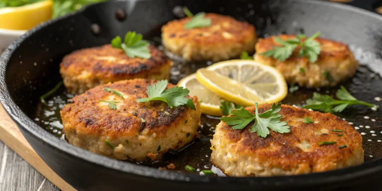 Golden pan-fried salmon croquettes garnished with parsley and lemon