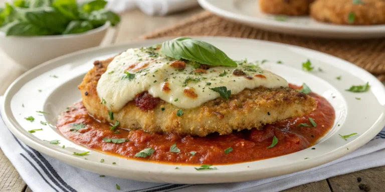 Chicken parmesan recipe served with marinara and melted cheese