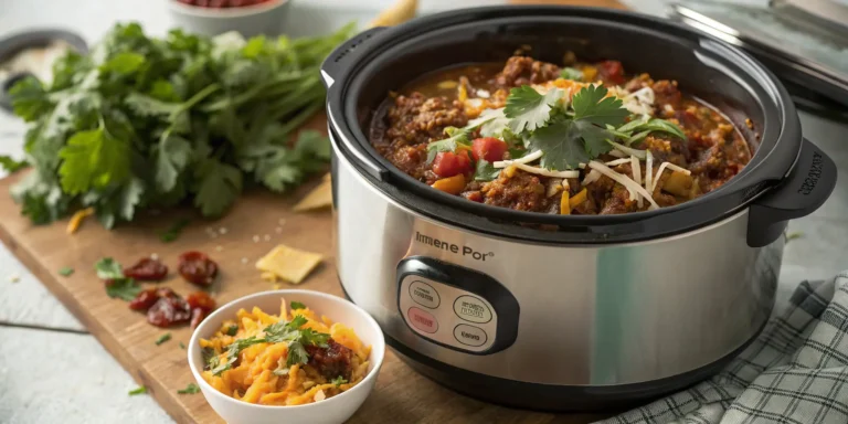 Instant Pot ground beef chili with fresh cilantro and melted cheese in a rustic kitchen setting - ground beef recipes instant pot