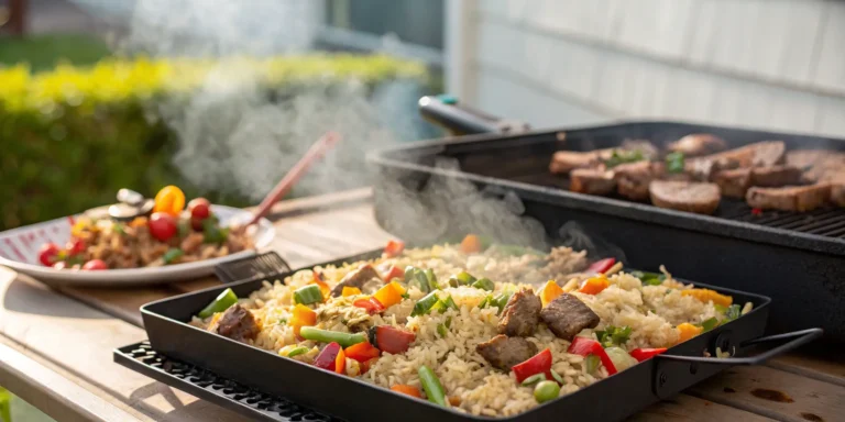 Blackstone hibachi griddle cooking fried rice with chicken and vegetables