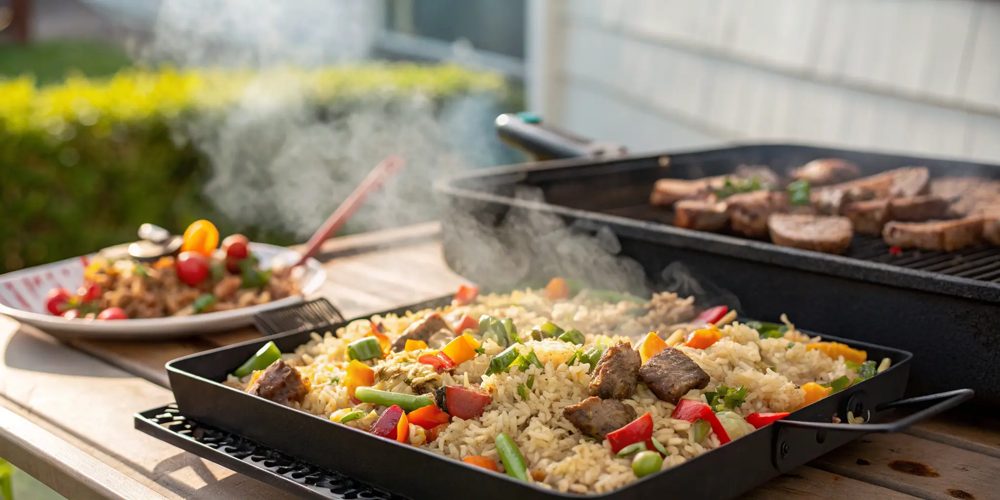 Blackstone hibachi griddle cooking fried rice with chicken and vegetables