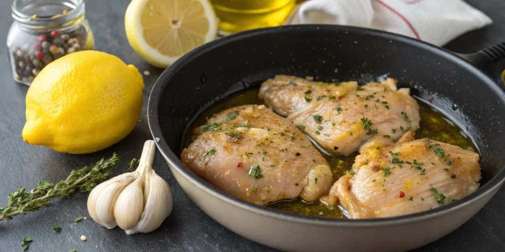 Lemon garlic marinated chicken thighs prepared for cooking on Blackstone griddle with fresh lemon and garlic nearby