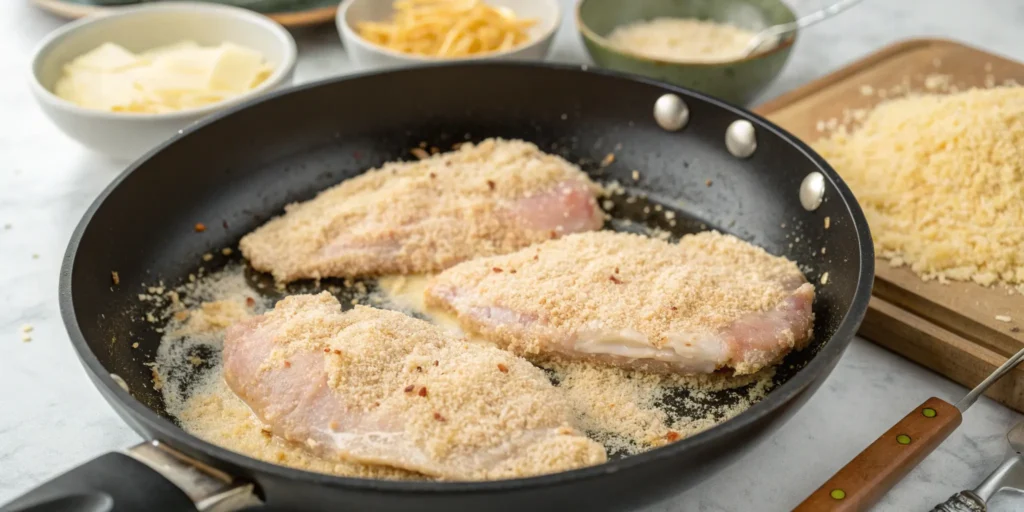Preparing LongHorn Parmesan Chicken recipe with panko and Parmesan breading