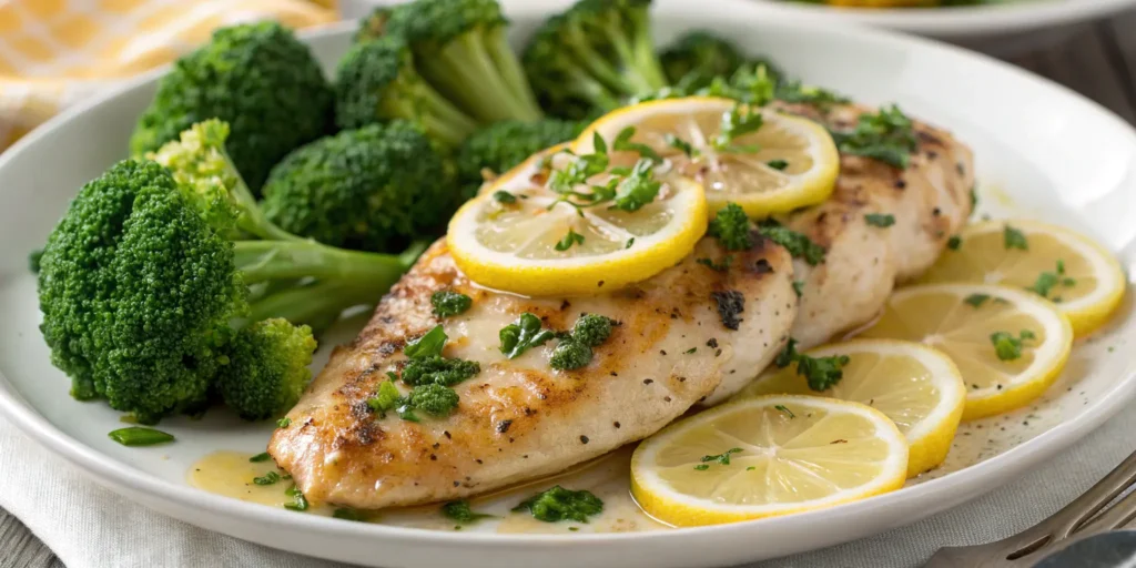 Lemon garlic chicken breast with steamed broccoli and fresh lemon slices