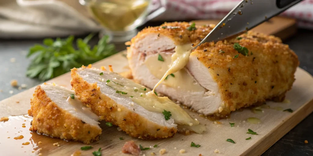 Juicy parmesan crusted chicken sliced open