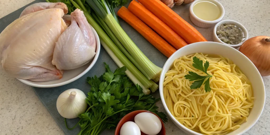 Fresh ingredients for the best chicken noodle soup