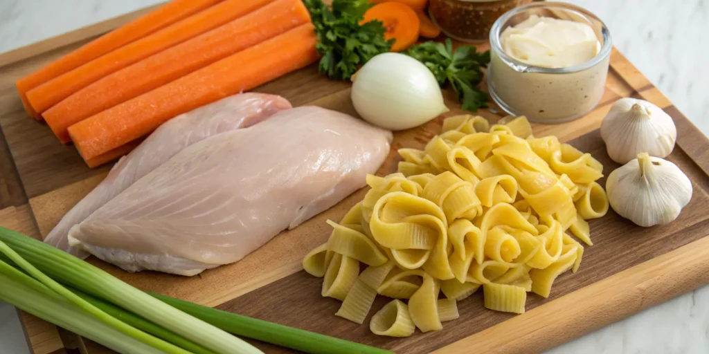 Fresh ingredients for chicken noodle soup including chicken, carrots, celery, onion, and noodles - homemade chicken noodle soup recipe