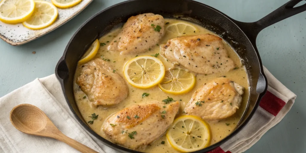 Creamy lemon chicken cooking in a skillet with fresh lemon slices