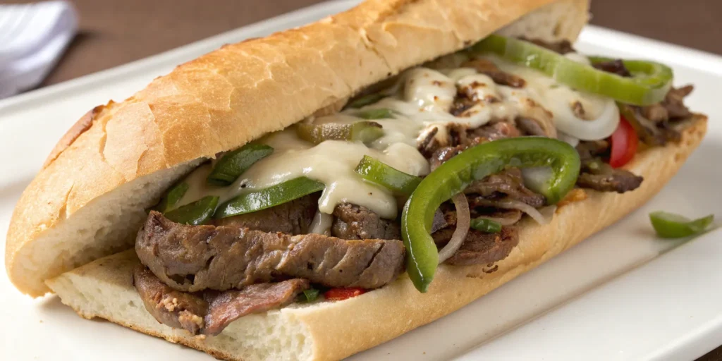 Philly cheesesteak steak sandwich recipe with sautéed peppers and onions