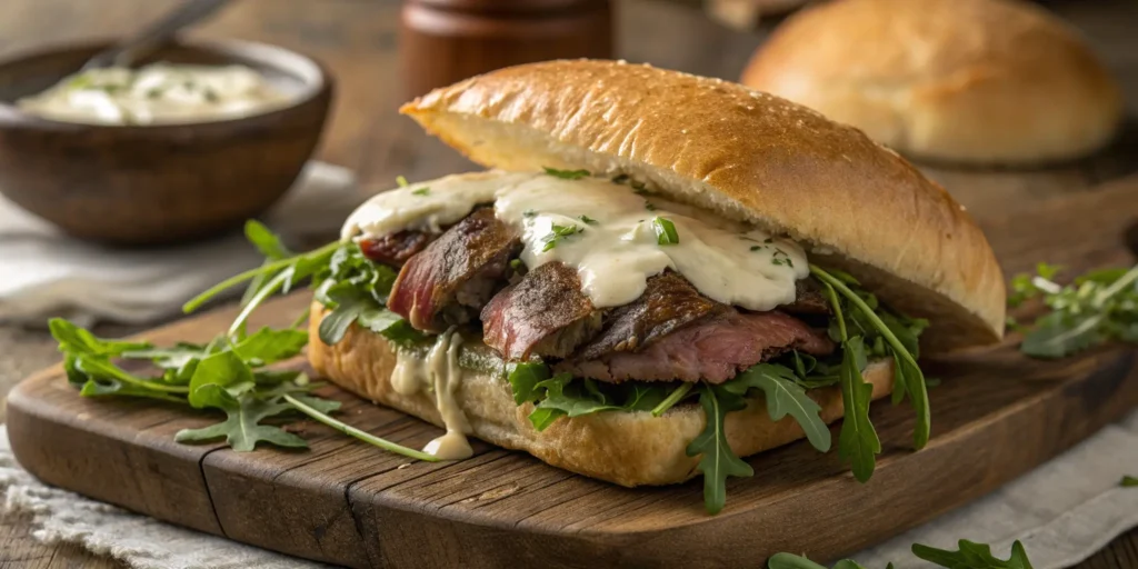 Sirloin steak sandwich with horseradish mayo, Swiss cheese, and arugula on brioche bun - Steak Sandwich Sauce