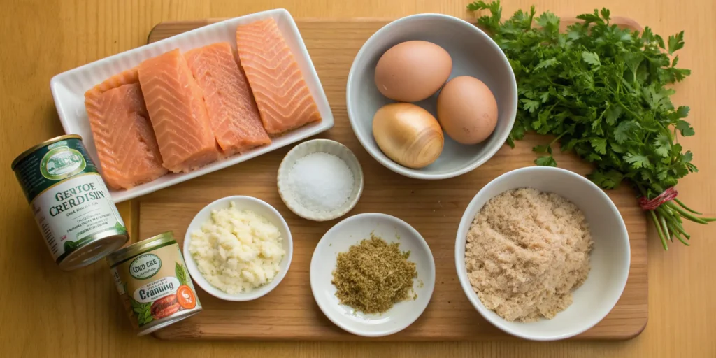 Ingredients for salmon croquette recipe laid out on table