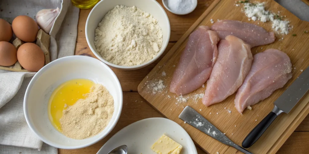 Chicken parmesan recipe preparation with breaded chicken