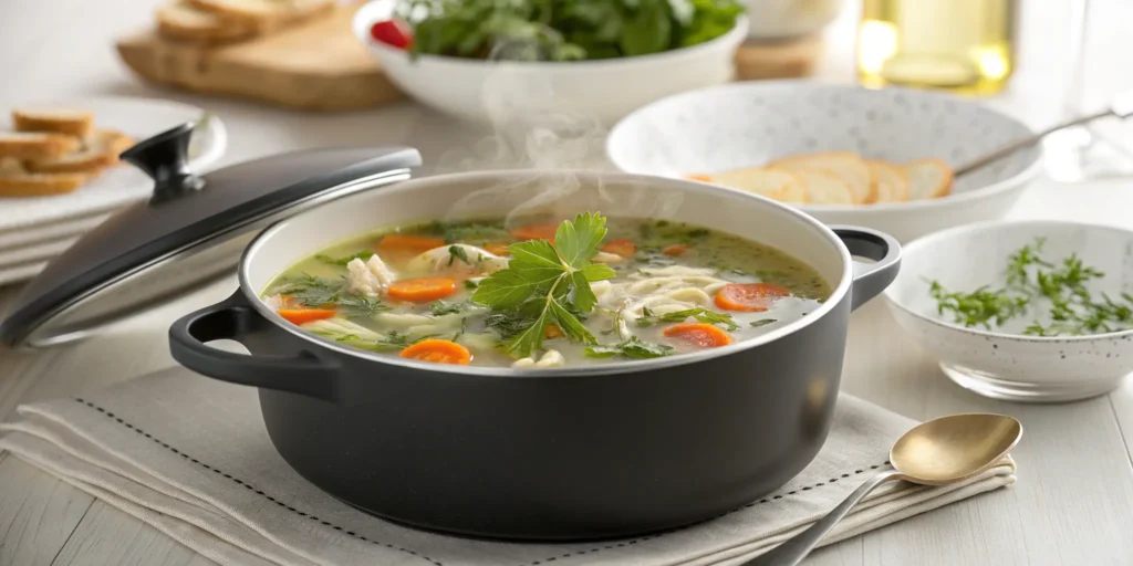 Quick chicken soup recipe with fresh herbs in a pot - chicken soup recipes