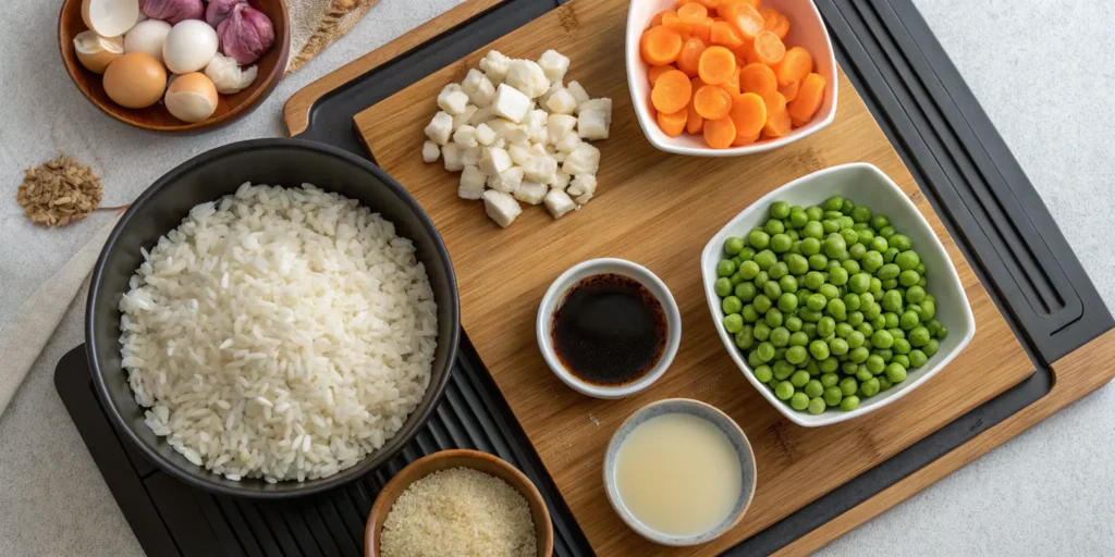 Ingredients for making hibachi fried rice on a Blackstone grill