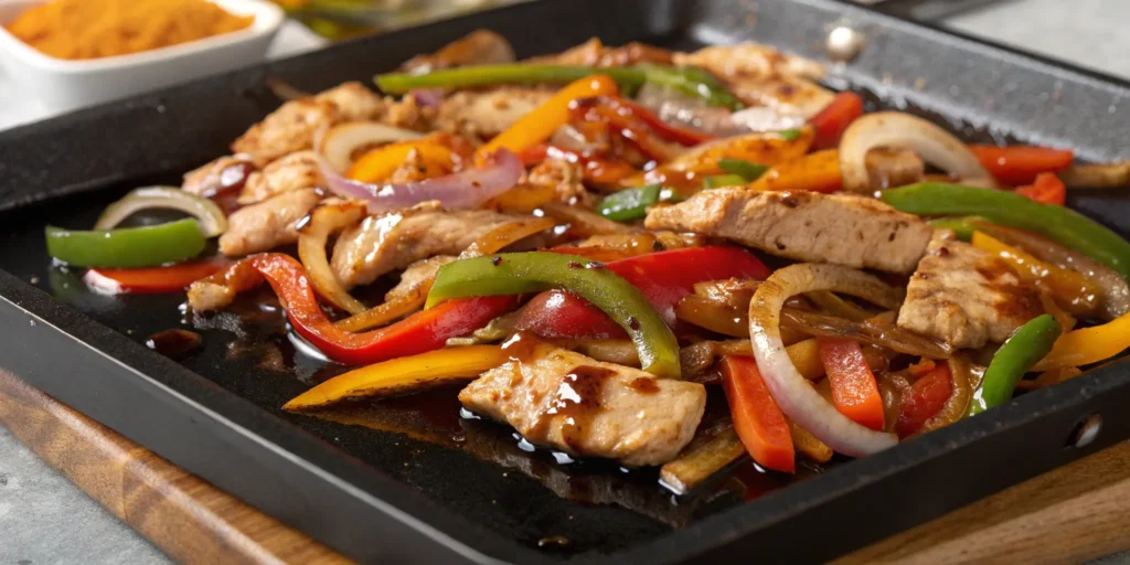 Colorful teriyaki chicken stir-fry with bell peppers and onions cooking on a Blackstone griddle