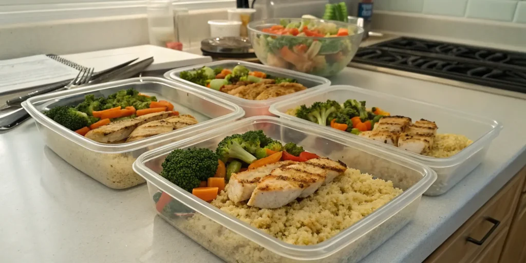 Healthy chicken dinner meal prep containers with grilled chicken, quinoa, and vegetables