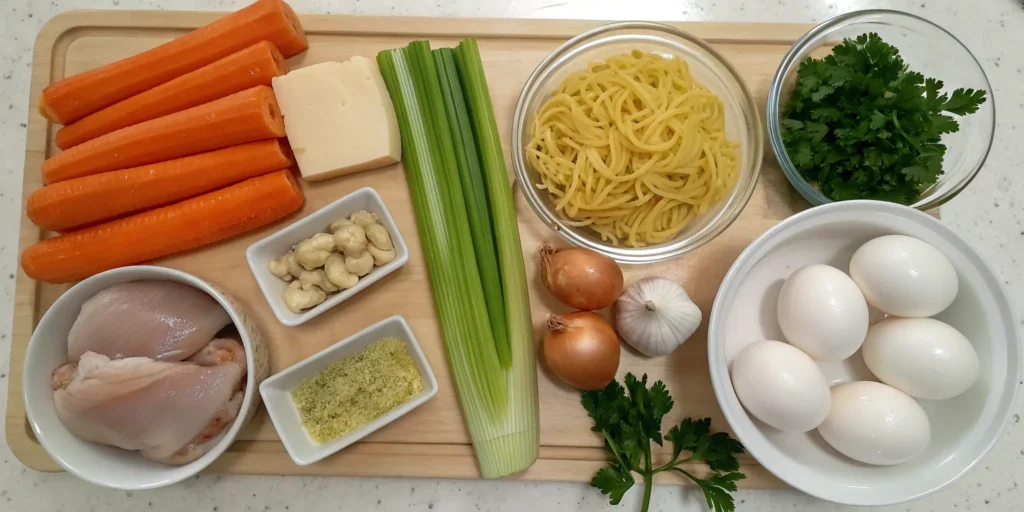 Fresh ingredients displayed for homemade chicken noodle soup recipe